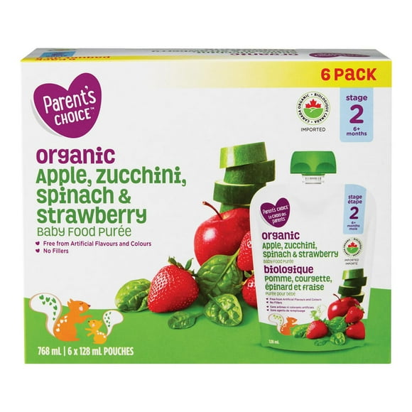 Parent’s Choice Organic Apple, Zucchini, Spinach & Strawberry Baby Food Purée, 768 mL (6 x 128 mL POUCHES)