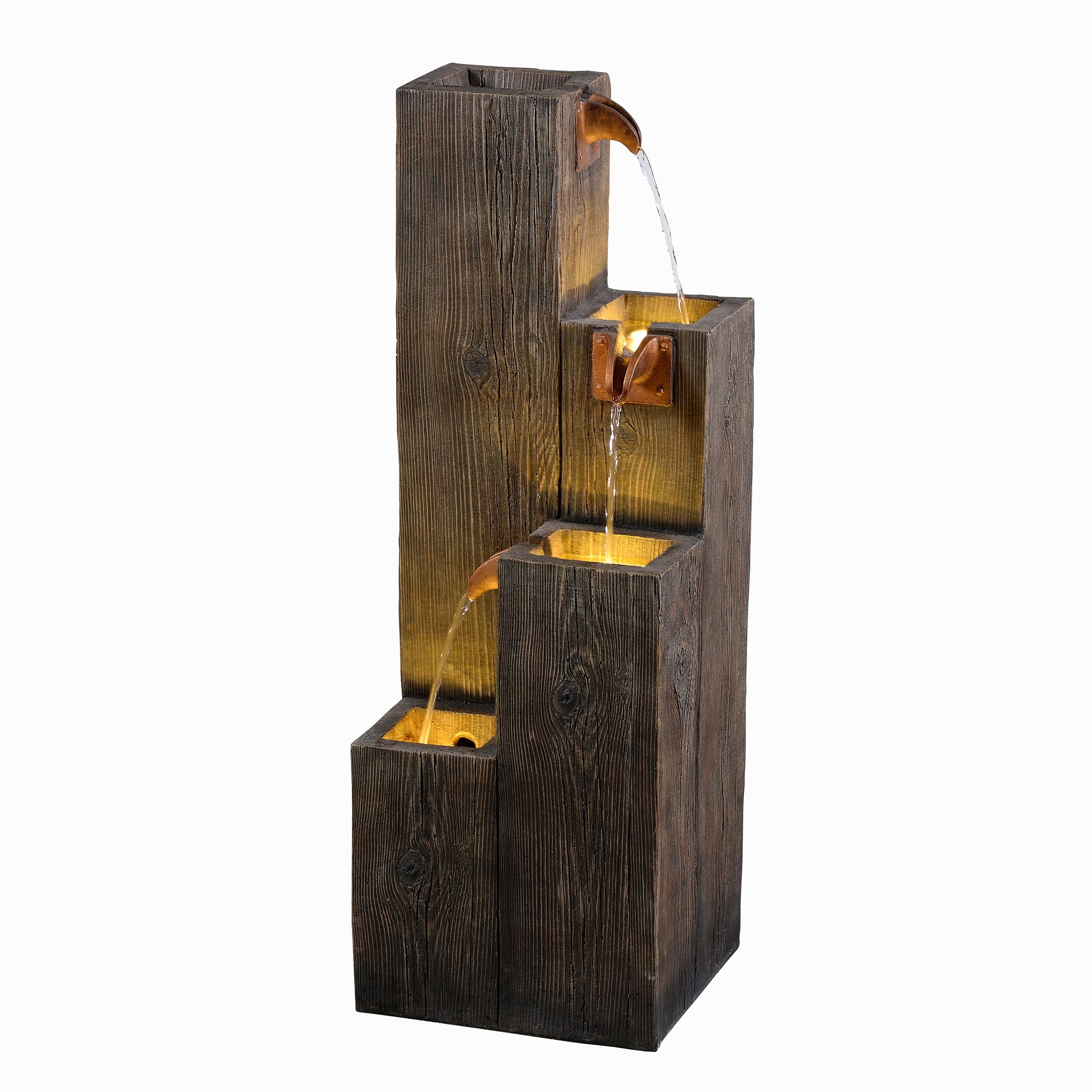 Hi-Line Gifts LED Lighted Cascading Wooden Textured Outdoor Garden Water Fountain - 33.75"