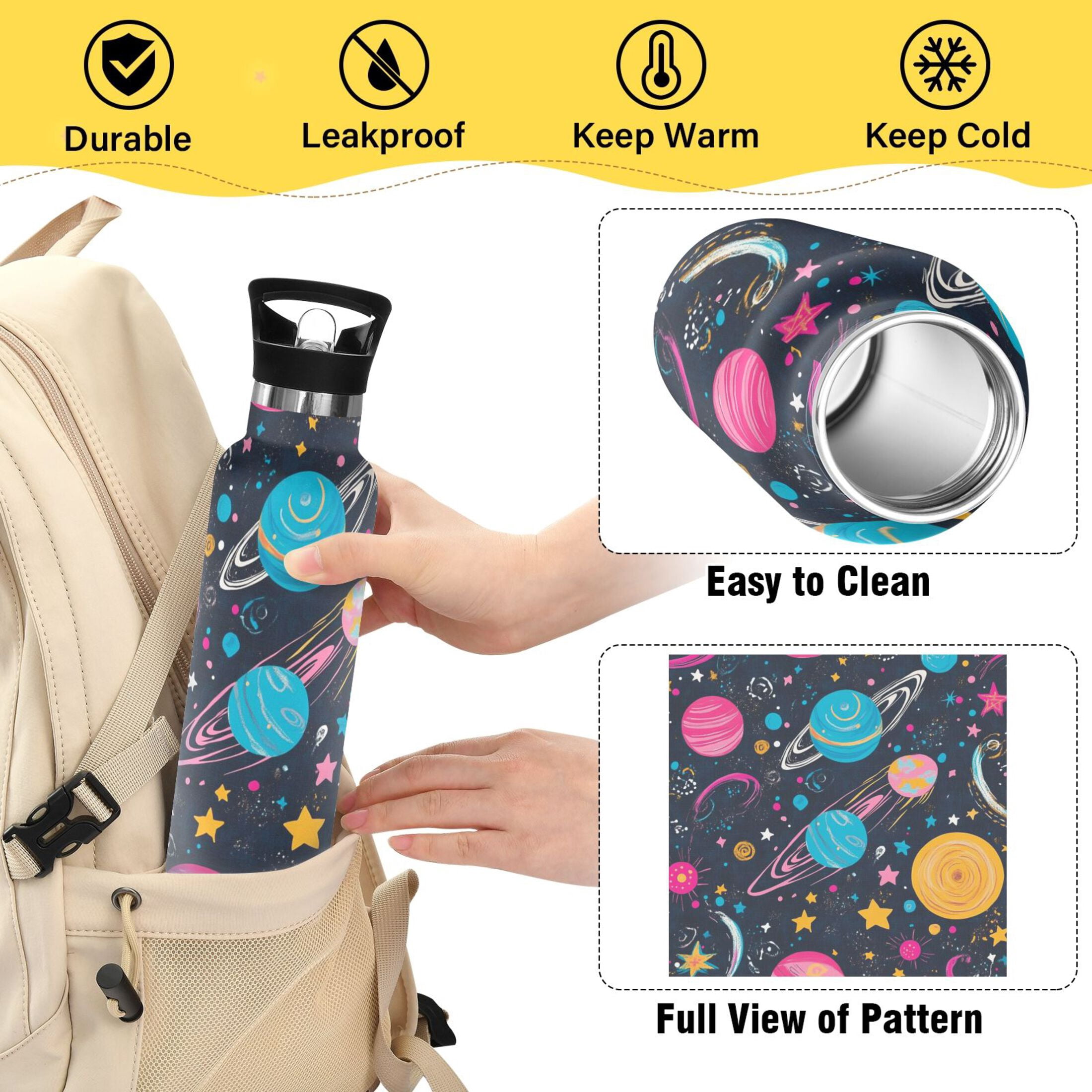 Kids Insulated Stainless Steel Sports Water Bottle 600ml (20oz) Stars and Planets Pattern