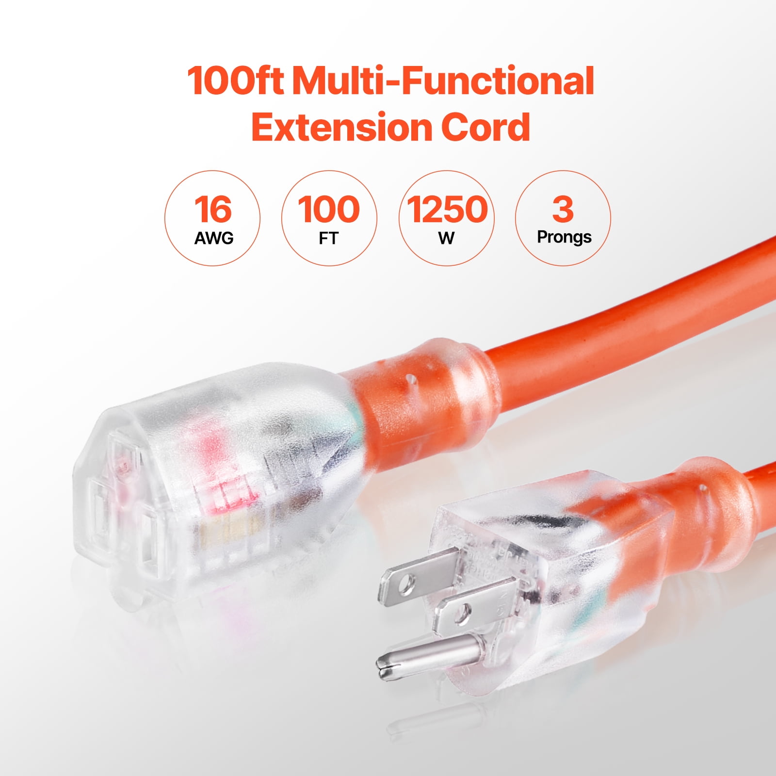 KFFKFF 100FT Indoor Outdoor Extension Cord, 16AWG 10Amps 1250W, 3-Prong Electric Cable with Illuminated End, Flexible and Cold-Resistant to -40°C, Suitable for Office and Home Use, ETL Certified