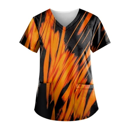 

Sksloeg Scrub Tops Women Clearance Vintage Clothes Color Block Printed Top Comfort Scrubs Women s V-Neck Workwear Shirts Nursing Working Uniform Orange L