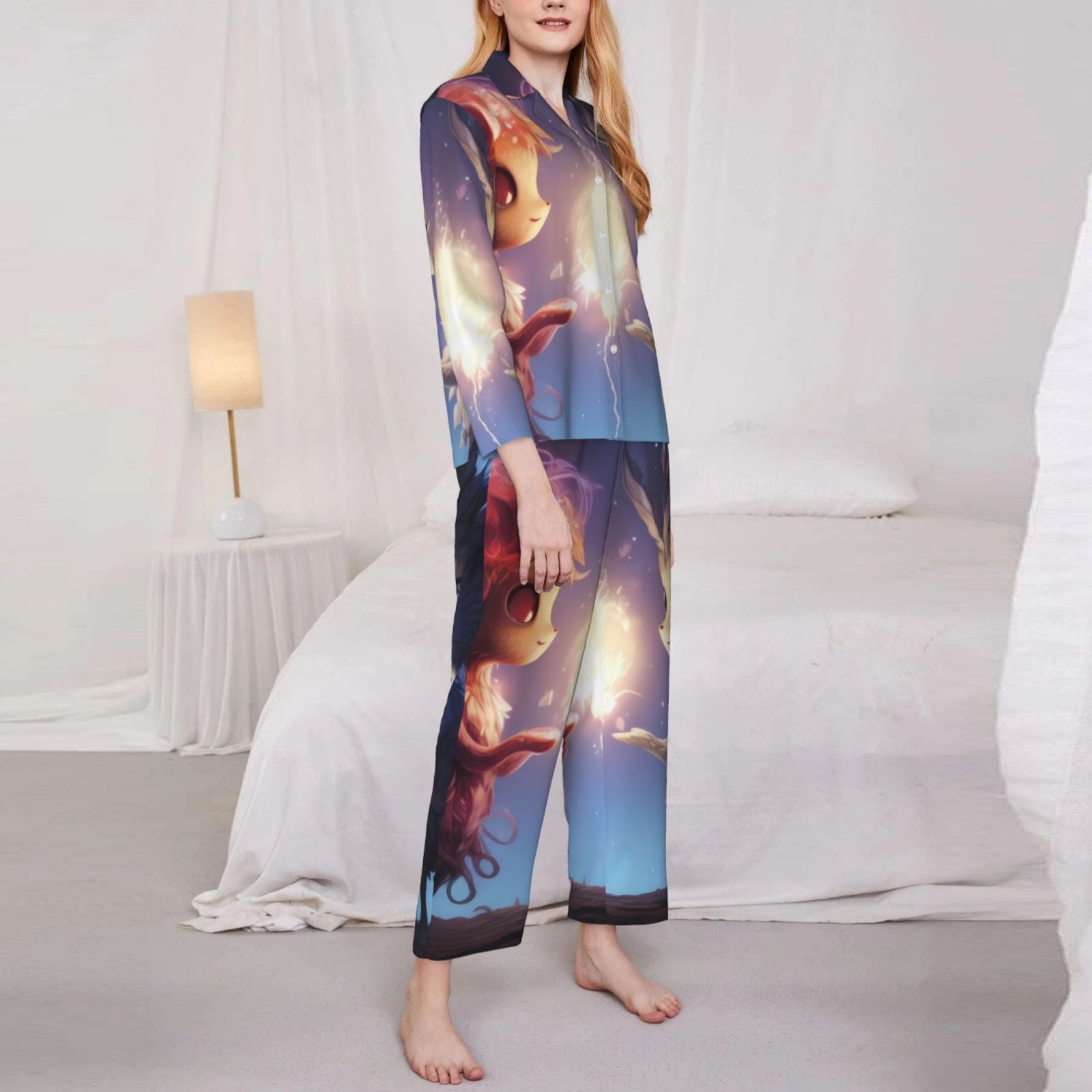 Fuzoiu Dreamy Forest Elf Print Women's Long-Sleeved Pajama,Lounge Button Down Nightwear,Womens Notch Collar Pajama Set-Small