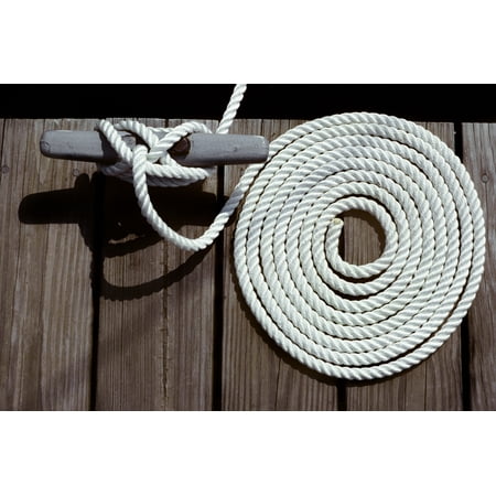 Vintage Just Hitched - 1980s Detail Of Cleat Hitch And Coiled Rope On Wooden Boat Dock Poster Print By Vintage Collection