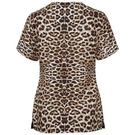 

Scrubs Tops for Women Vintage Camo Leopard Floral Print V Neck Short Sleeve Nursing Shirt Work Blouses with Pockets
