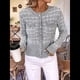 thumbnail image 5 of Blazer de A Cuadros para Mujer, Elegante, Informal, con Botones Al Frente, Cuello Redondo, Larga, Tejido Texturizado Gris L, 5 of 9