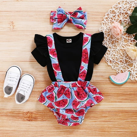 

Tking Fashion Newborn Infant Baby Girls Soild Tops+Watermelon Suspender Romper+ Headbands Sets Black 90