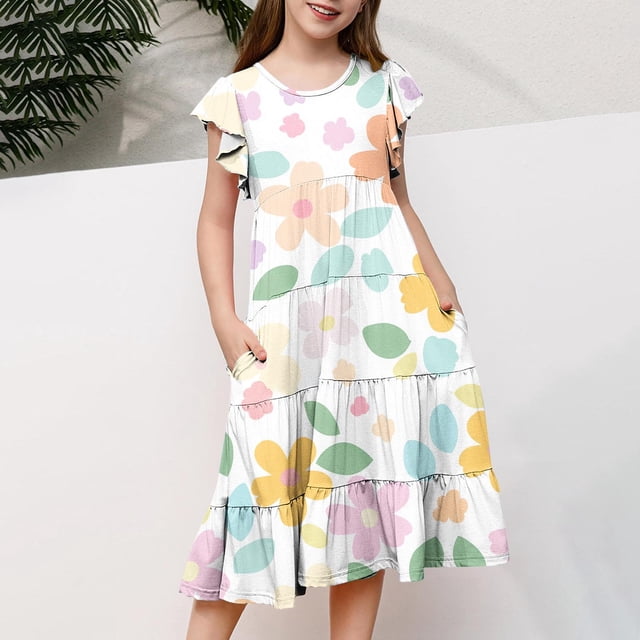 Odeerbi 6-15 Años Niñas Vestido de Pascua de Línea A Manga de Ruffle Conejo Estampado Floral Vestido En Capas Vestido de Fiesta de Vacaciones de Verano