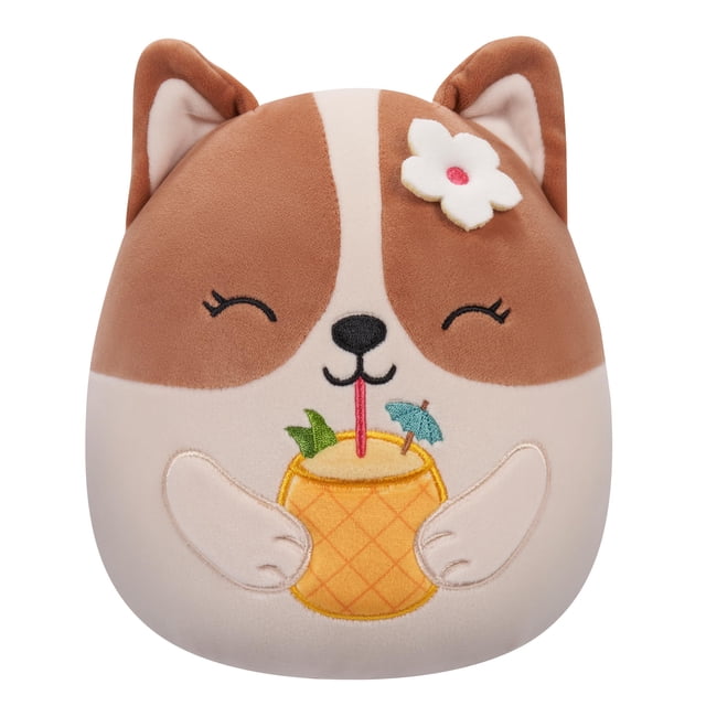 peluche squishmallows original regina the corgi 19 cm — Vista frontal centrada de Regina, corgi de felpa marrón y blanco de 19 cm con silueta redondeada; ojos, nariz y boca bordados en negro, flor blanca en la oreja y detalle bordado de una piña con popote y sombrilla en el pecho. Tela ultra suave visible; ideal para coleccionar o colocar en estanterías.
