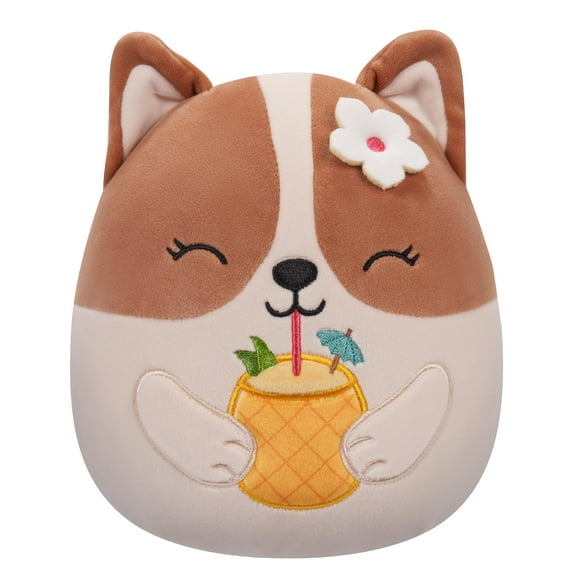 Squishmallows SQCR05393 7.5-Inch-Regina The Brown and White Corgi with Pineapple Drink and Flower, Multicolour