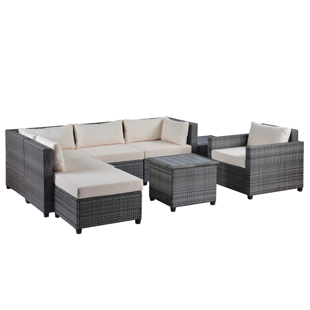 8 Pieces Patio PE Rattan Sofa Chair Set, Outdoor Sectional Seating Group, Low Back Deck Conversation Sofa Set w/Ottoman, 2 Tables and Beige Cushions, Porch Garden Poolside Balcony Use Furniture - image 2 of 10