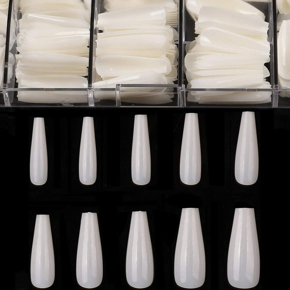 Coffin Nails Long Fake Nails - Clear Acrylic Nails Coffin Shaped Ballerina Nails Tips 500pcs Full Cover False Nail Artificial Nails with Case for Nail Salons and DIY Nail Art, 10 Sizes-Natural
