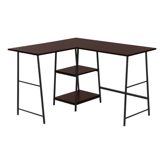 48 Inch L Shaped Espresso Brown Computer Desk with Black Sawhorse Legs and Shelves