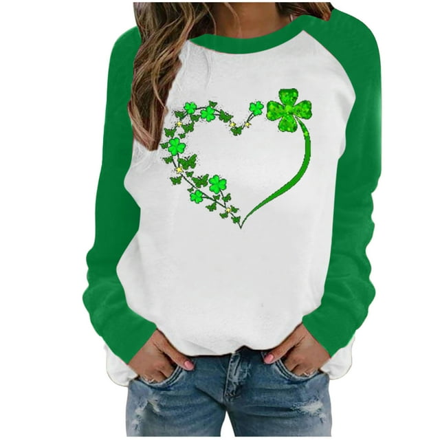 CEHVOM Women's Spring Patchwork St. Patrick's Day Printed Long Sleeves Round Neck Casual Tee Tops