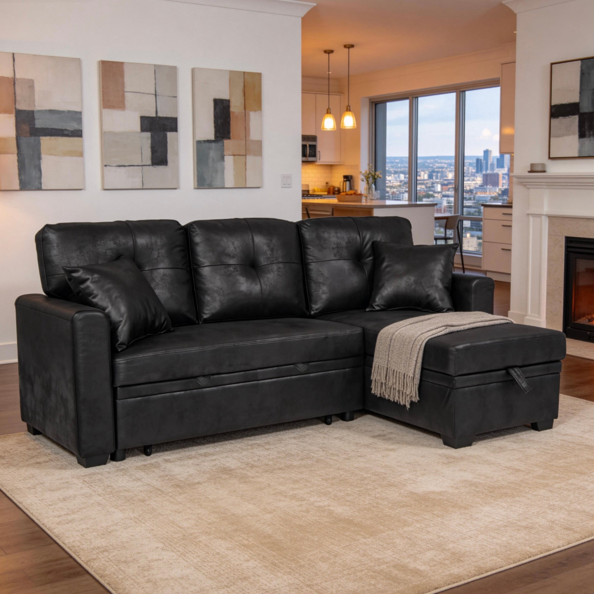 BSHTI 71" Polyester L-Shaped Pull-Out Sleeper Sofa Bed with Reversible Chaise, Hidden Storage for Living Room（Black）