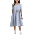 thumbnail image 2 of BRGZLK Kids Girls Summer Dresses Trendy Solid Color Short Sleeve Round Neck Imitation Linen Dress Flowy A-Line Dress Light Blue 5-6 Years, 2 of 7