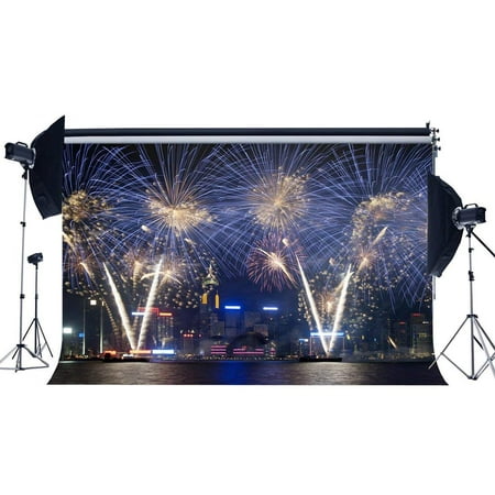 Image of ABPHOTO Polyester 7x5ft New York City Night View Backdrop Skyscraper River Fancy Fireworks Romantic Wallpaper Photography Background for Girls Lover Wedding Party Decoration Photo Studio Props