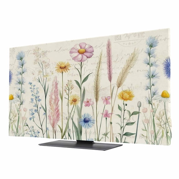 Indoor TV Cover 75 Inch, Spring Floral Elastic Monitor Dust Covers for Television, Desktop Computer Summer Flower Botanical Farmhouse Dustproof Fitted TV Cover for Inside 65.4"L x 36.8"H