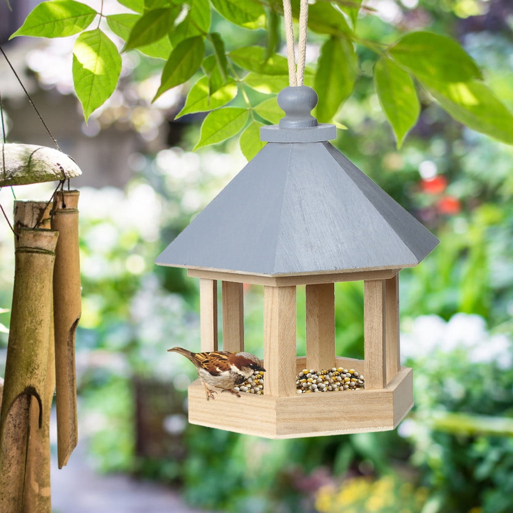 Wooden Bird Feeder Hanging Hexagon Shaped With Roof for Garden Yard Decoration 