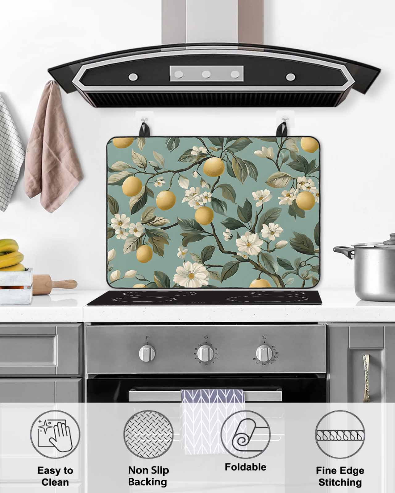 nqOlkjepod Large Induction Cooktop Protector Mat 24"x21", Lemon Flower Stove Top Covers for Electric Stove, Farm Summer Leaves Branch Watercolor Stove Burner Cover Mats, Glass Top Stove Cover