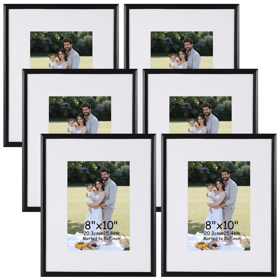8x10 Picture Frame Set of 6, Display 5x7 Picture with Mat or 8x10 Without Mat, Black Photo Frame for Wall Hanging or Tabletop