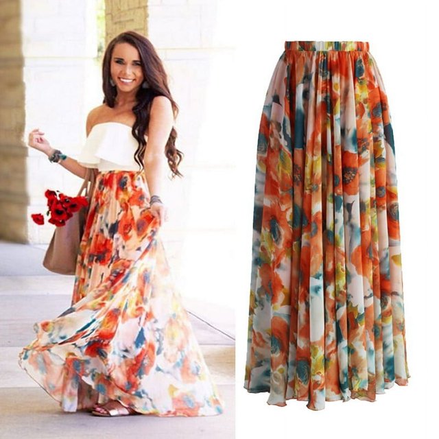 Jupe Femme Hippie Imprimée Taille Haute Jupe Longue Plissée Plage Décontractée Été