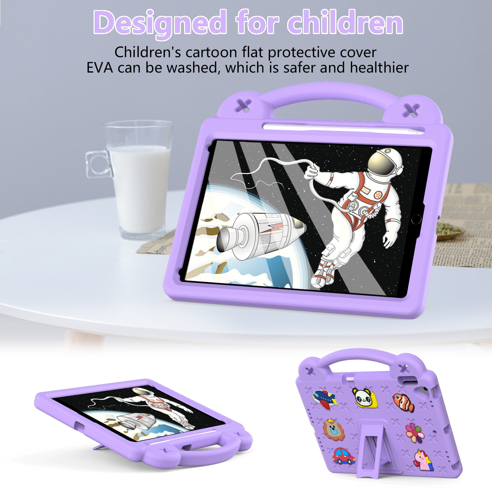 ELEHOLD Kids Case for iPad 9th/8th/7th Gen (2021/2020/2019)10.2 inch, EVA Foam Cute Cartoon Case with Built-in Kickstand Pencil Holder Shockproof Portable Case for iPad 10.2",Lightpurple