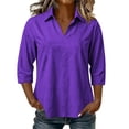 thumbnail image 6 of Women 3/4 Length Sleeve Shirts Lapel V Neck Solid Color Summer Tops Soft Cotton Casual Loose Fit T-Shirts (S, Purple), 6 of 7