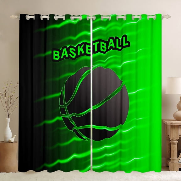 Feelyou Cartoon Green Basketball Blackout Curtains Set of 2 (52x84 Each), Neon Abstract Ombre Window Curtains, Teens Kids Boys Girls Curtains and Drapes, Curtains and Drapes Decor