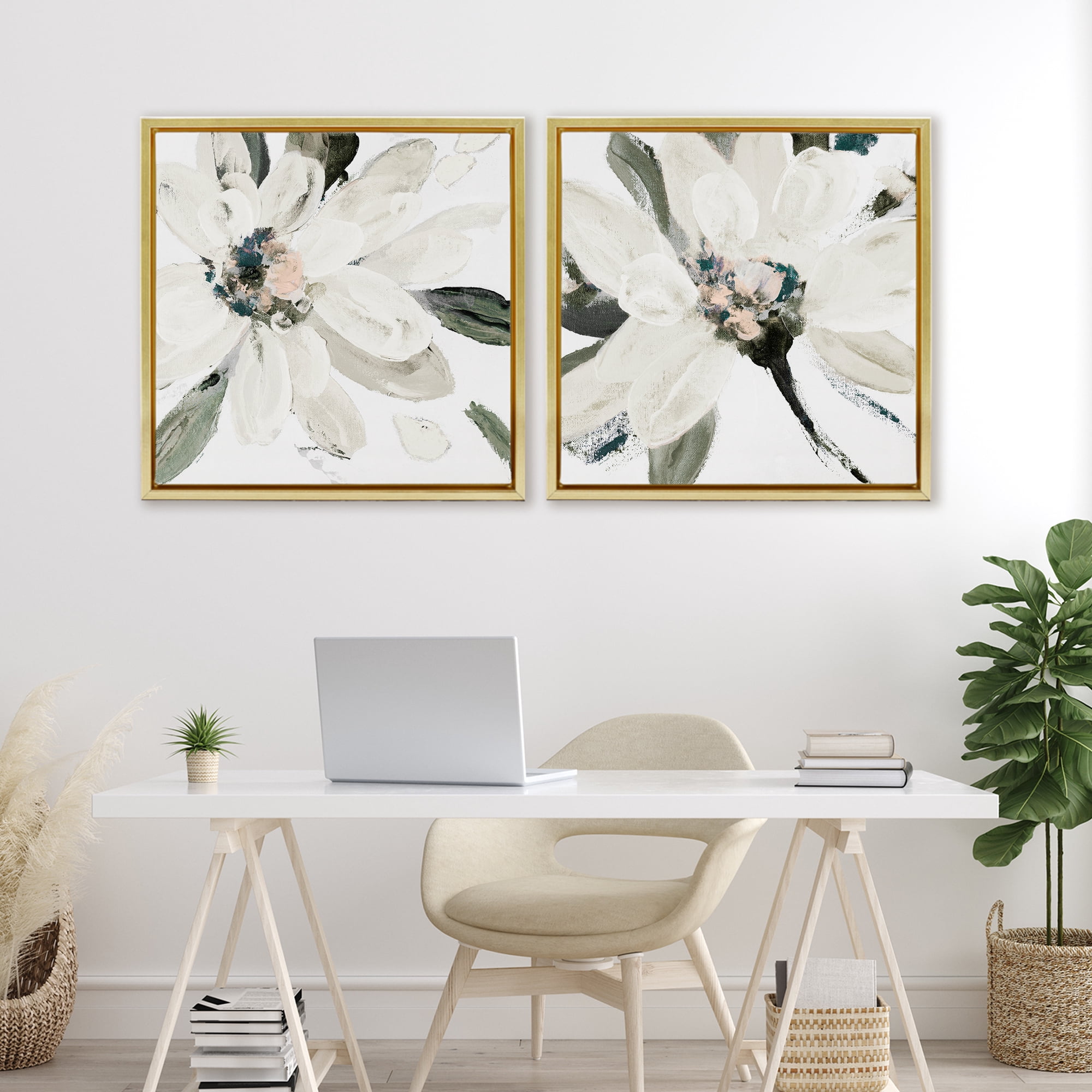 Stupell Industries Naturally Blooming White Flowers 2 Piece Gold Framed Floater Canvas Set, design by Lanie Loreth
