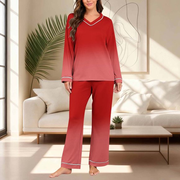 AUNVITO Ensemble de Pyjama Imprimé pour Femmes Col en V Manches Longues Haut et Pantalon Vêtements de Détente Décontractés et Confortables