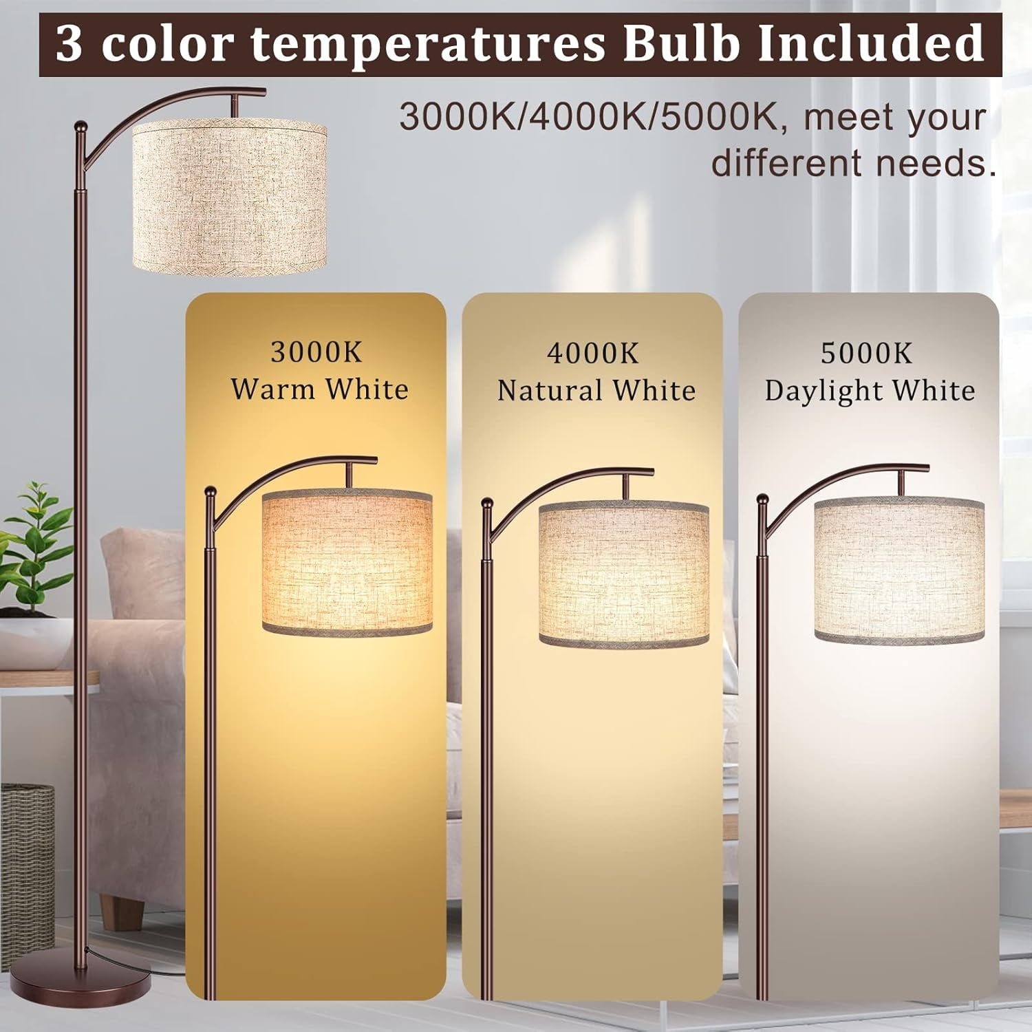 Floor Lamp for Living Room, LED Standing Lamp Tall Floor Lamp Reading for Bedroom, Office (9W LED Bulb, Beige Lampshade Included) -Oil-Rubbed Bronze