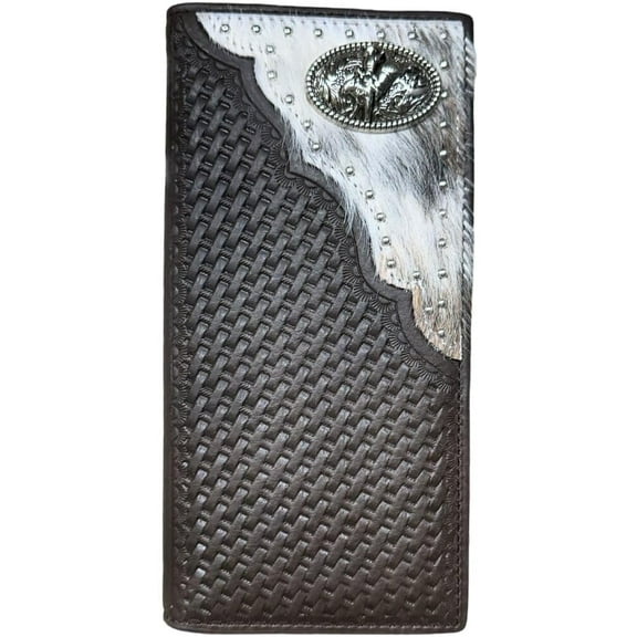Mens Long Wallet Basketweave Coffee Soft Leather Cow Hair Checkbook Style Cowboy Hand Crafted High End Mens Wallets Leather Bull Rider Rodeo Concho