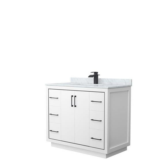 42 in. Icon Single Bathroom Vanity, White, White Carrara Marble Countertop, Undermount Square Sink & Matte Black Trim