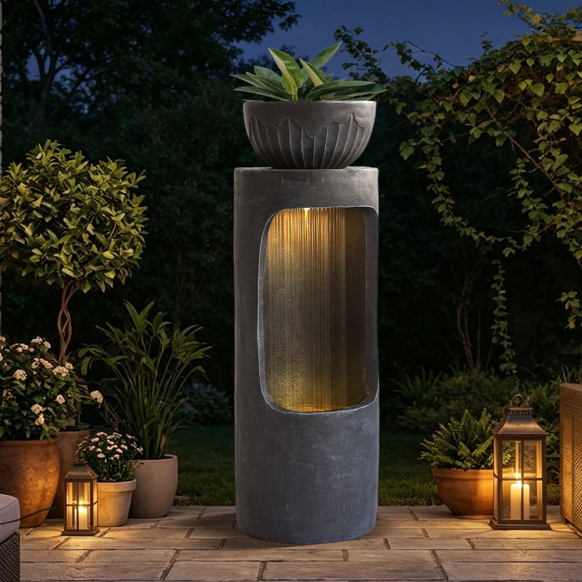 Haverchair 37.2''H Outdoor Water Fountain with LED Light, Large Column Garden Waterfall Foutains with Bird Feeder, Indoor Cascading Resin Water Feature w/Plant Pot for Patio, Porch and Home Decor
