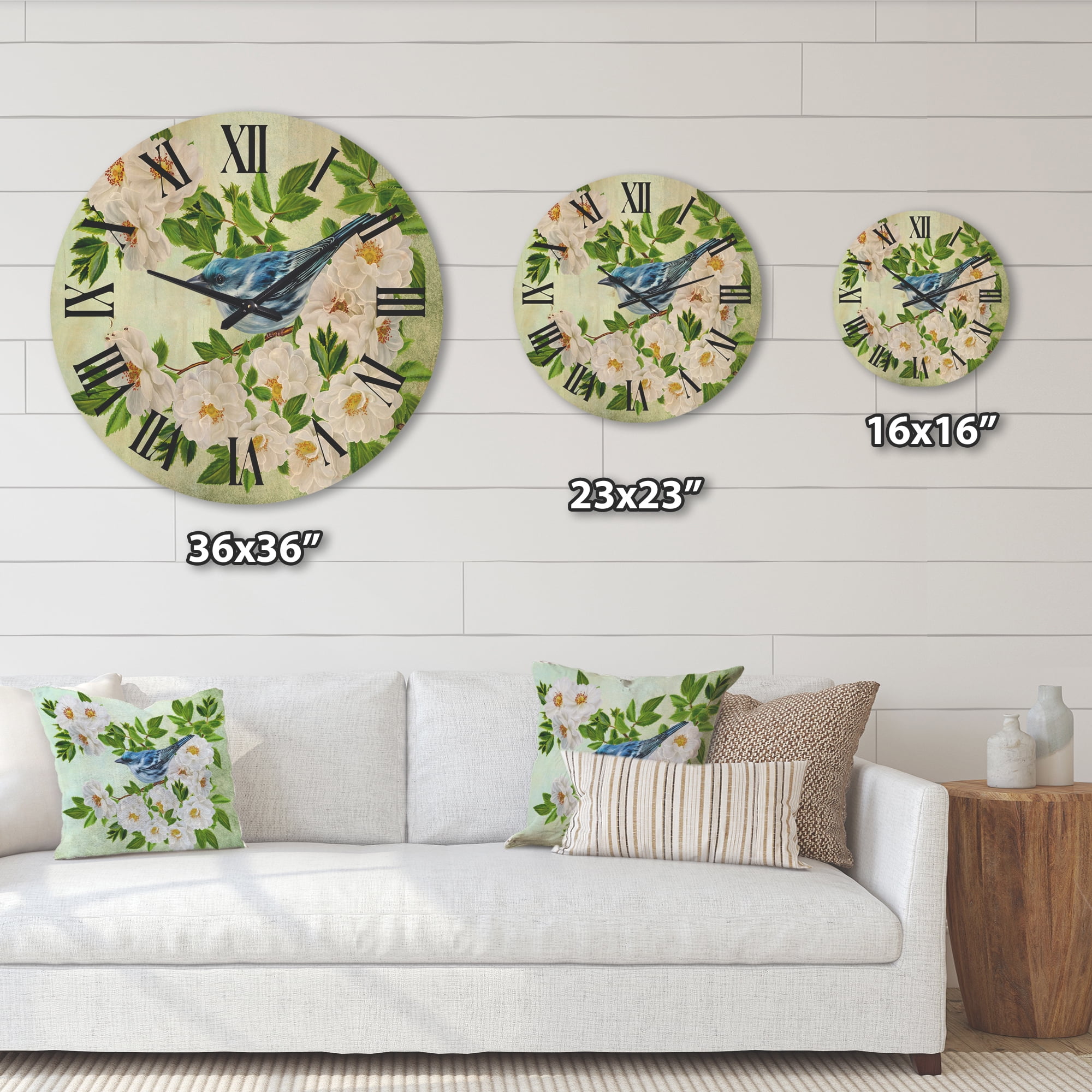 Designart 'Little Blue Bird Sitting On A Branch of White Rose Plant' Traditional Wood Wall Clock