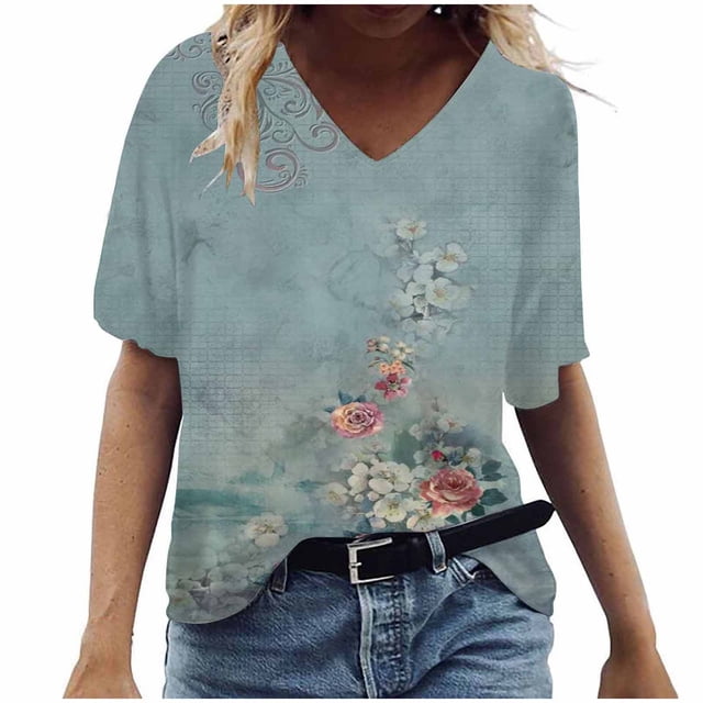 Birdeem T-Shirt à Col en V pour Femmes, Mode Décontractée, Grande Taille, Imprimé de Fleurs Pittoresques