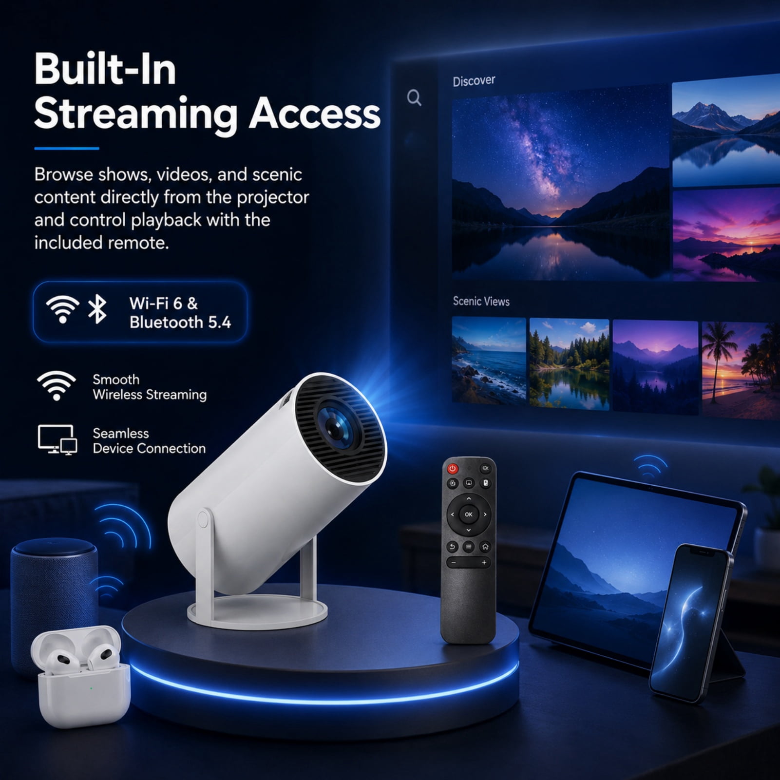 Simplifytech Cinex Mini Projector, Bluetooth 5.4 and Wifi 6 Capabilities, Flexible 180° Projection and Automatic Image Calibration, HD Input Support with Built-In Audio, Suitable for Indoor Use