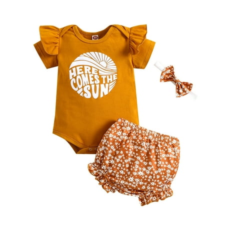 

Binwwede Infant Baby Girls Casual Romper Short Sleeve Letter Sunrise Printed Romper Tops+Floral Printed Short Pants+Headband