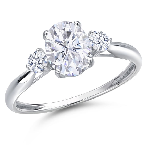 Gem Stone King 10K White Gold White Zirconia 3-Stone Ring for Women | 1.43 Cttw | Oval 8X6MM | Gemstone Birthstone | Size 9