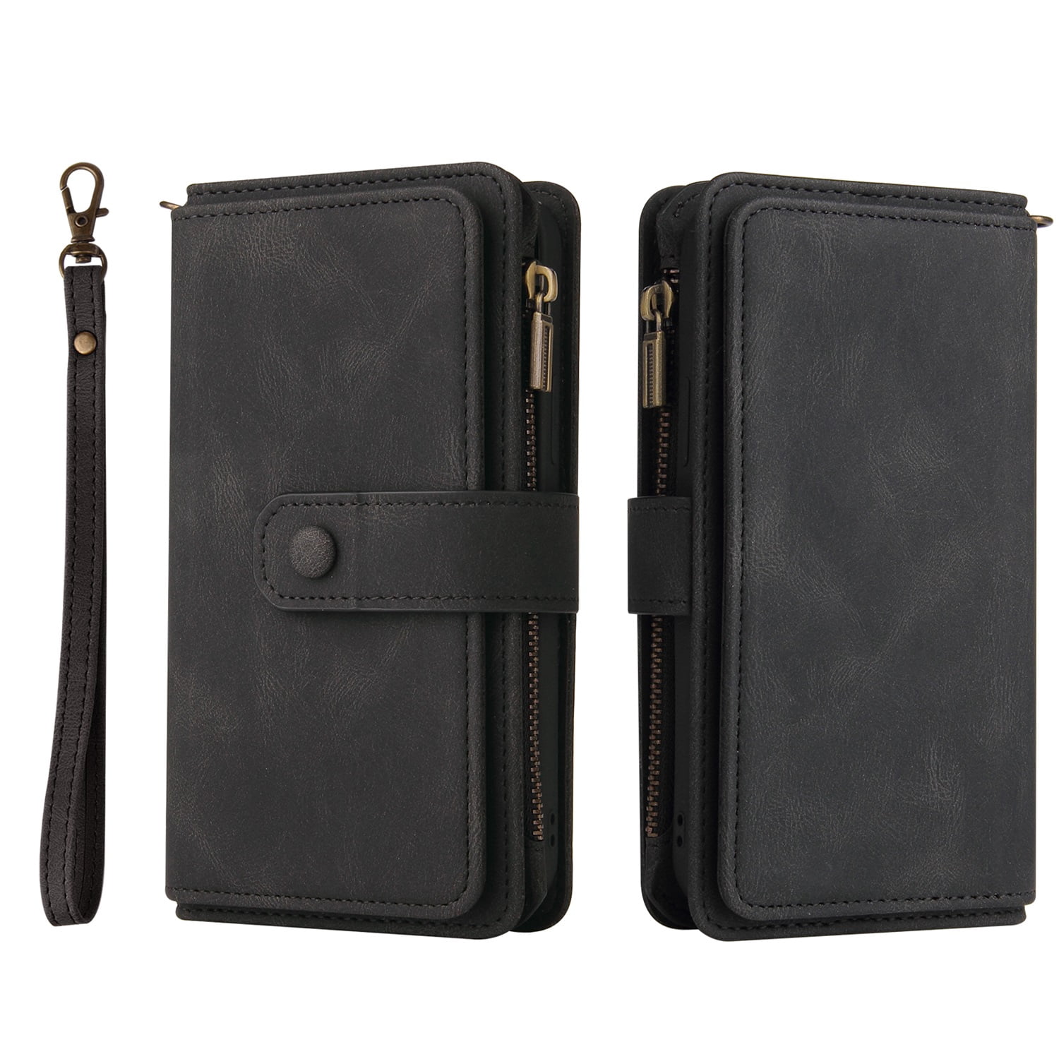Phone Case for Samsung Galaxy S23, Galaxy S23 Wallet Case, Luxury Folio Flip Leather Cover[Zipper Pocket] [Wrist Strap][Kickstand] for Samsung Galaxy S23 6.1 inch, Black