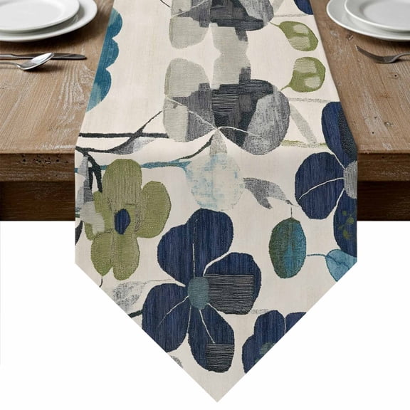 Navy Blue Green Floral Table Runner Linen Burlap Table Runner 48 Inches Long Vintage Botanical Leaves Dresser Scarves for Kitchen Island Coffee Dining Room Party Wedding Banquet Holiday Decor 13"x48"