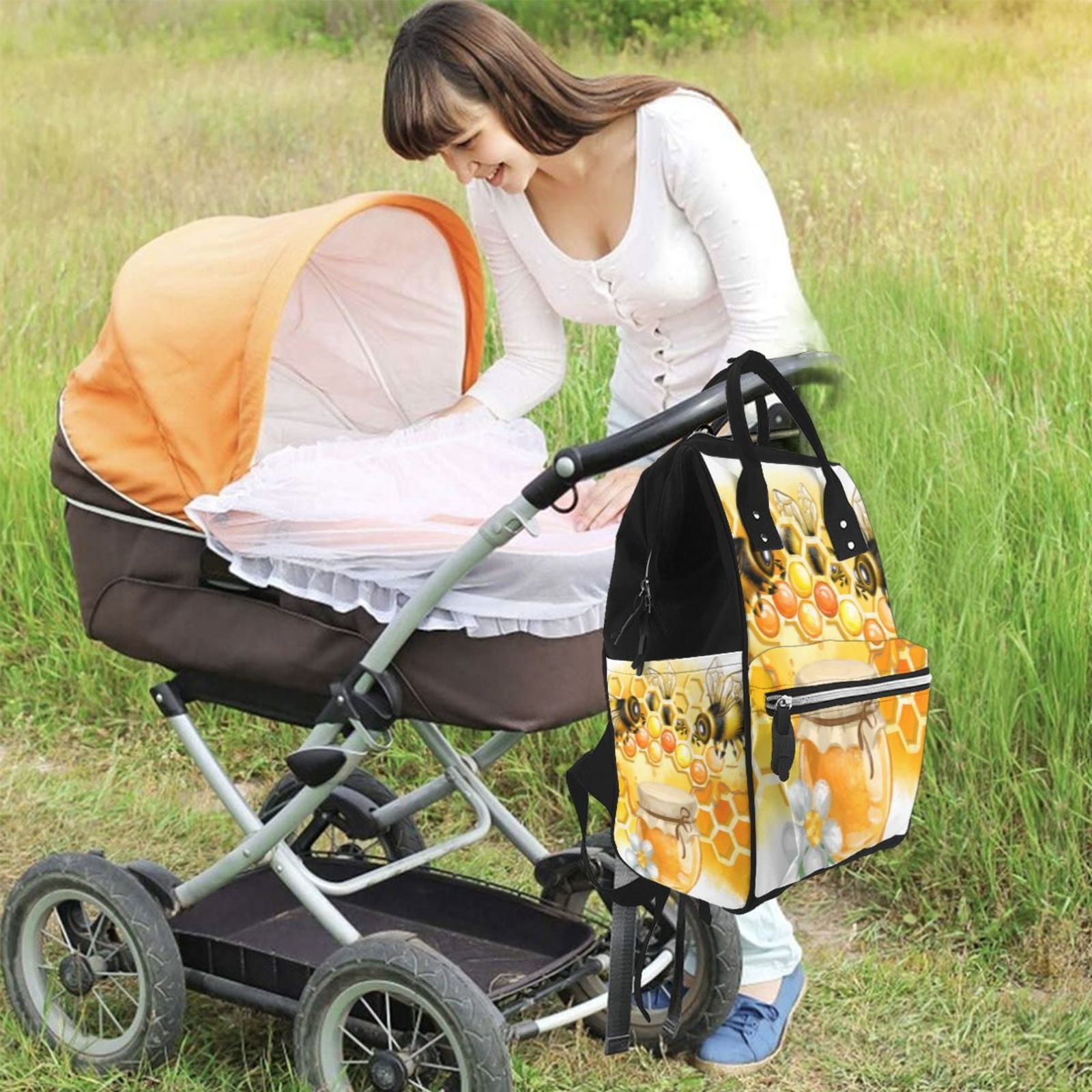 Ratiio Honey Bee Mummy Backpack - Waterproof Twill Canvas, Large Capacity Diaper Bag with Multiple Pockets and Adjustable Straps