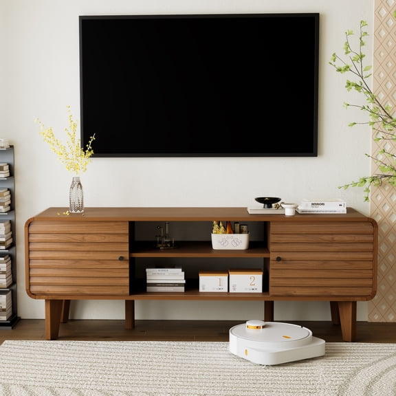 TV Stand for 55/60/65 inch TV for Living Room, Mid Century Modern Entertainment Center with Sliding Doors and Storage Cabinets, TV Media Console Table for Bedroom, Walnut