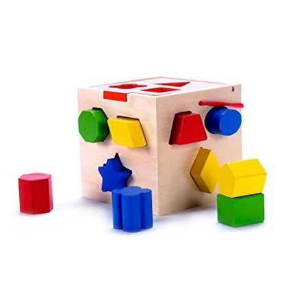 Wooden Toy Rings - Classic Wooden Geometric Shape Sorter Cube Toy with 10 Pieces, Developmental Toy for Toddlers