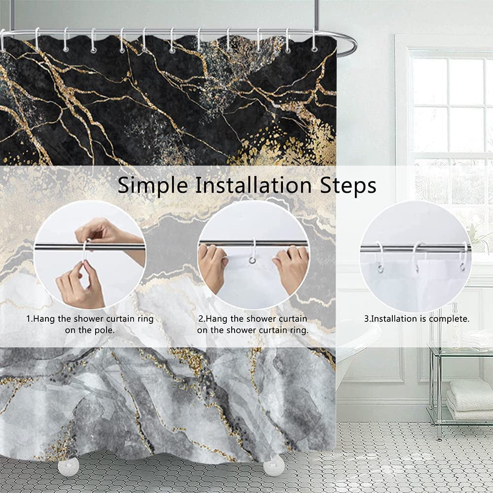 Marble Bathroom Shower Curtain Black Grey Gold Waterproof Fabric Shower Curtains with Hooks Watercolor Abstract Shower Curtains Cloth for Home Bath Decor 72x72 inches
