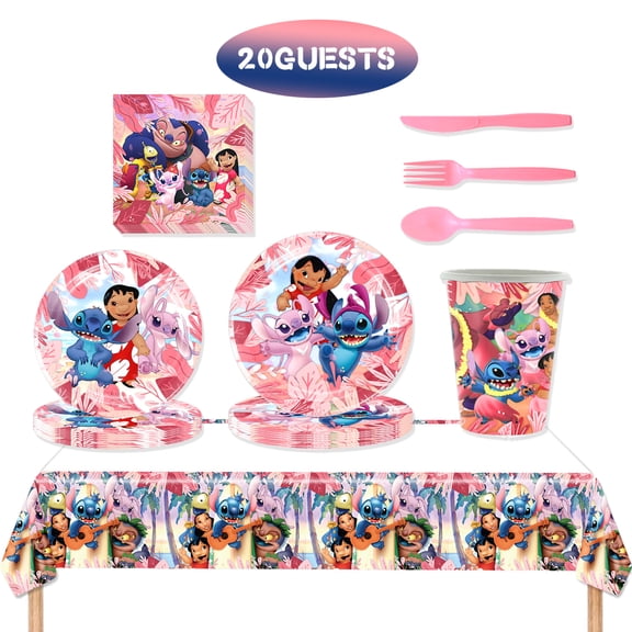JMOCD 141Pcs Pink Stitch Party Tableware Set, Birthday Party Supplies Decorations Set, tablecloth,Plates, Cutlery,Cups,20 Guests