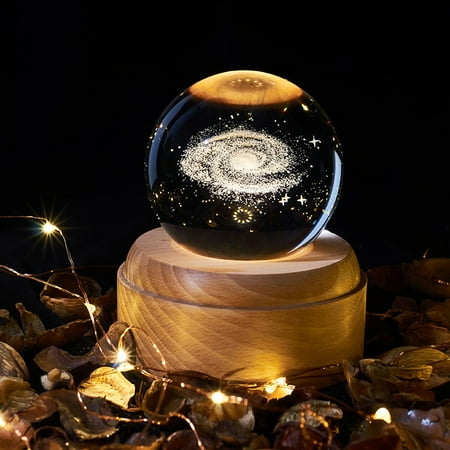 

USB Rechargeable Music Night Light Rotary Crystal Music Box with LED Projection Light Wooden Base Universe Moon Galaxy Earth Patterns