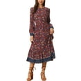thumbnail image 1 of INSPIRE CHIC Robes Bohèmes pour Femmes à Fleurs Col Rond Manches Longues Robe Midi d'Été TP Rouge Brique, 1 of 6