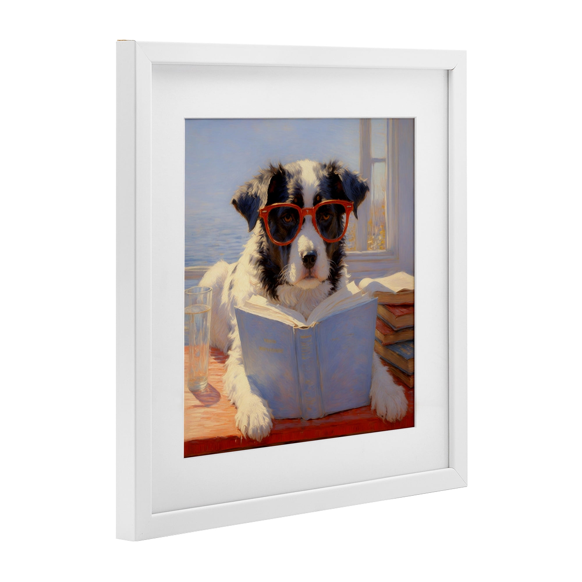 Stupell Industries Sunlit Dog Reading By Window White Framed Print Under Glass, design by Angie Hawke