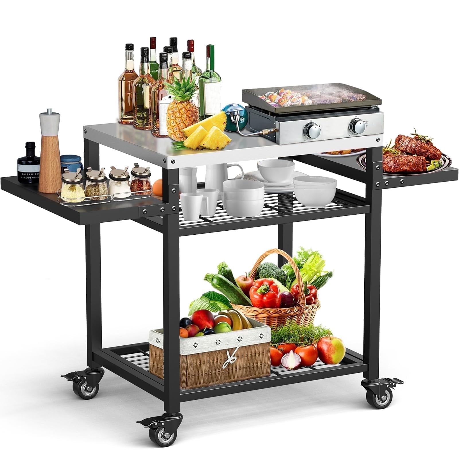 Outdoor Grill Table for Outside, Movable Grill Cart for Blackstone Grill, Kitchen Island for BBQ Food Prep, Stainless Steel